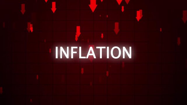 Increasing inflation concept 4k animation represented with inflation text at centre and red arrows showing downward trend