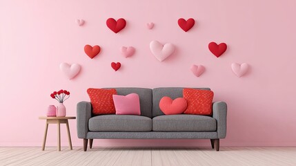 Modern pink room with gray sofa and red heart pillows, romantic Valentine's Day wall decor and flowers in vase