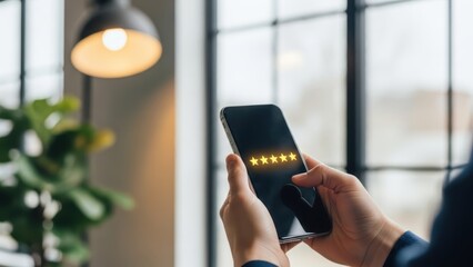 Woman holding smartphone with five stars on screen. Customer review concept for product or service evaluation with mobile phone application.