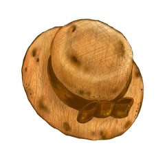 Men's straw hat, brown ribbon bow in retro vintage style. Hand drawn with colored pencils isolated illustration. For fashion magazines and designs, clothes shops, street and charity markets, clip art