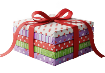 A stack of colorful gifts wrapped in various patterns and tied with a red ribbon isolated on transparent background
