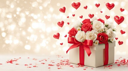 Romantic gift box decorated with red roses and heart shapes against sparkling festive Valentine background