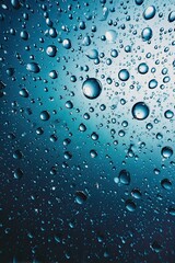 Macro shot of water droplets on glass surface with blue gradient background and natural transparent texture