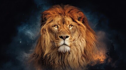Majestic lion with golden mane facing forward in dramatic cosmic background with stars and dark atmosphere