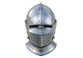 A medieval knight's helmet with a silver finish and a black background, isolated on transparent background