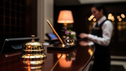 Golden service bell on a shiny wooden reception desk with a blurry woman employee in the background. Hospitality and hotel room concept.