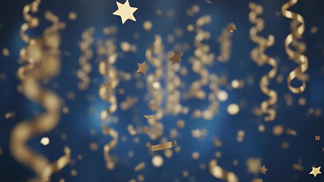A vibrant and elegant display of golden confetti, featuring sparkling star shapes and delicate circular pieces, gently falls alongside graceful golden streamers. The festive elements drift against a s