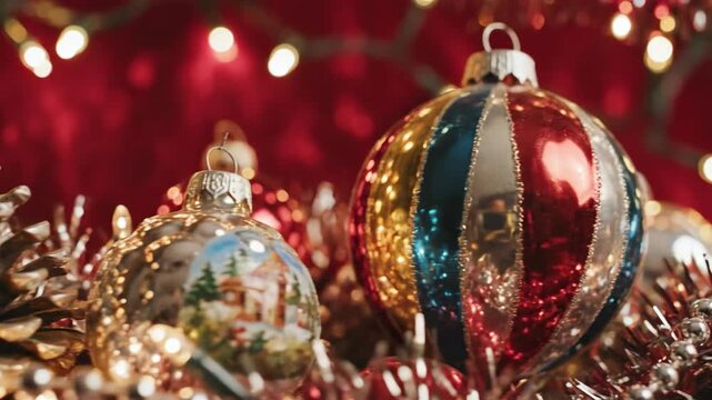 Festive holiday ornaments with pine cone and string lights