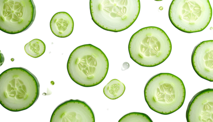 Circular cucumber slices scattered on a stark black background, showcasing texture