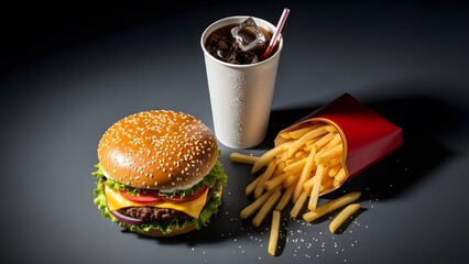 Delicious beef cheeseburger with a sesame seed bun, fresh lettuce, and tomato served with crispy french fries as a fast food meal isolated on a white plate for lunch