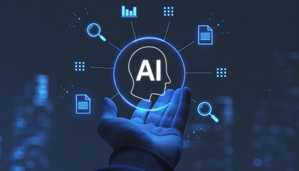 Hand holding glowing blue AI circle with futuristic icons