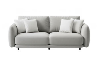 A modern gray couch with white pillows isolated on transparent background