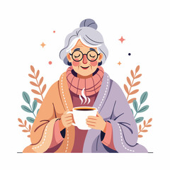 Elderly woman drinking warm tea wrapped in a blanket. Senior lady holding hot coffee cup. Cozy winter flat vector illustration