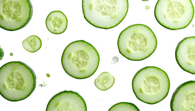 Circular cucumber slices scattered on a stark black background, showcasing texture - Powered by Adobe