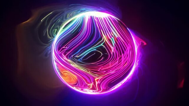 A vibrant neon sphere with dynamic, flowing patterns in a range of bright colors against a dark background. this mesmerizing digital design is perfect for modern art decor, tech-themed projects, and c
