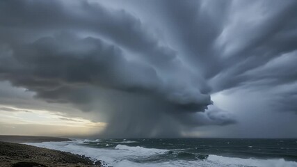 A dramatic wide shot captures a vast landscape of ancient architectural ruins under a heavily overcast and moody sky. Majestic stone columns, overgrown with vegetation, stand tall amidst crumbling fou