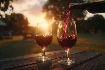 Red wine pouring into a glass on a rustic wooden table at golden hour