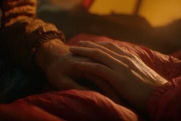 Two hands touching, finding comfort and support during an outdoor adventure