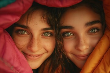 Two young girls with green eyes and freckles smiling from under colorful sleeping bags