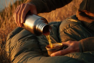 Person pouring hot drink from a metal thermos into a cup while relaxing in nature