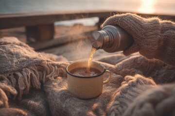 Hand in a cozy mitten pouring steaming beverage from a thermos into a mug on a textured blanket outdoors