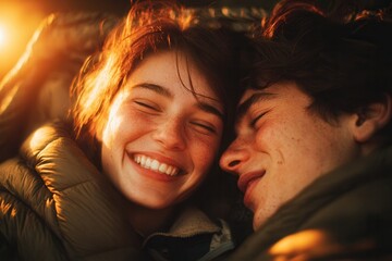 Young couple embracing closely, sharing a tender and happy moment in warm light