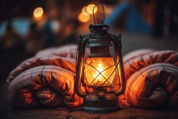 Old kerosene lamp glows warmly between plaid blankets at an evening campsite