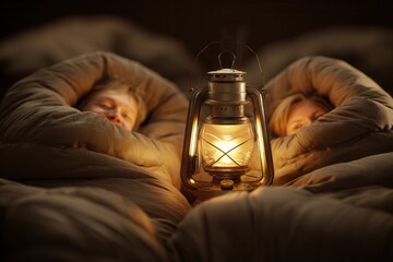 Campers resting deeply in sleeping bags, a warm lantern providing cozy light between them