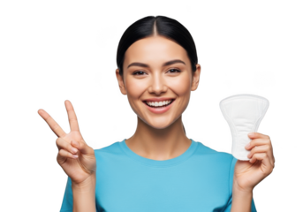 A young woman holding a menstrual cup and giving a peace sign isolated on transparent background