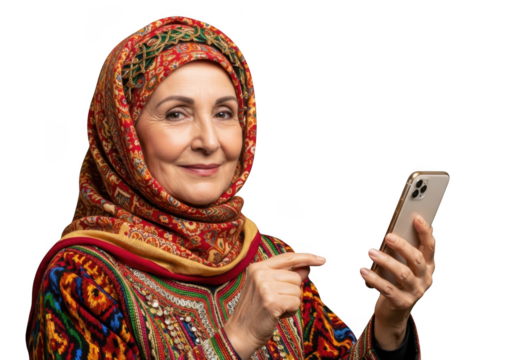 A smiling older woman wearing a vibrant hijab and colorful clothing holds a smartphone and points to it with a pleased expression isolated on transparent background - Powered by Adobe