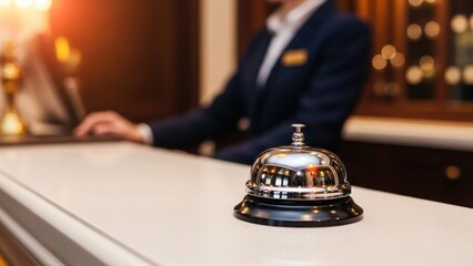 Shiny service bell on a counter with a man receptionist working in the background. Hospitality staff, hotel and guest service concept.