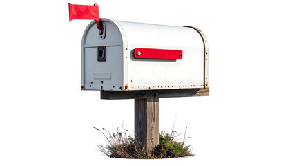 A worn white mailbox with a red flag, mounted on a wooden post, against black