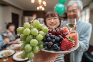 Hand holding a colorful plate of grapes, blueberries, strawberries, and watermelon at a family gathering