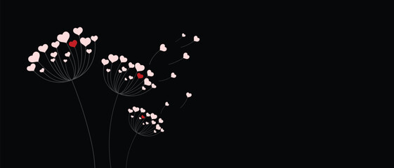 Dandelion with hearts. Happy Valentine's day greeting card. Lovely romance flower. Congratulation with Love. Valentine's day Vector illustration background.