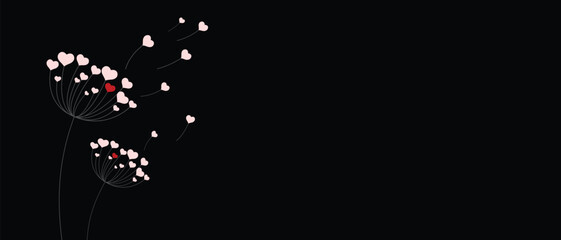 Dandelion with hearts. Happy Valentine's day greeting card. Lovely romance flower. Congratulation with Love. Valentine's day Vector illustration background.