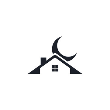 Simple vector logo of a house roof with a crescent moon above it, symbolizing nighttime or real estate services.