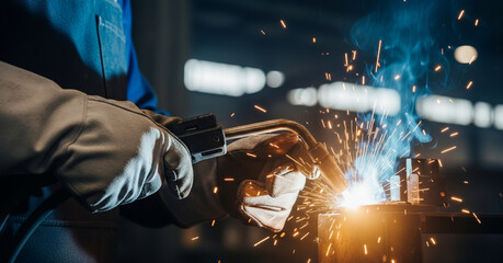 A realistic macro close-up captures a welder's gloved hands generating bright sparks from an intense electric arc in a dark industrial setting.