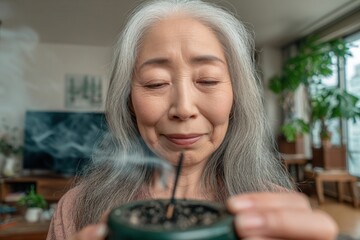 Senior japanese woman finding peace and spirituality while holding a smoking incense stick