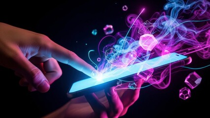 Hand holding tablet with digital graphics isolated on white background