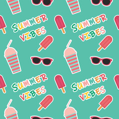 Ice cream seamless pattern. Colorful summer seamless pattern with tropical fruits, ice cream, leaves, Toucan, Flamingo, Flowers, and summer icons Memphis style. Summer seamless vector illustration.