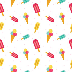 Ice cream seamless pattern. Colorful summer seamless pattern with tropical fruits, ice cream, leaves, Toucan, Flamingo, Flowers, and summer icons Memphis style. Summer seamless vector illustration.