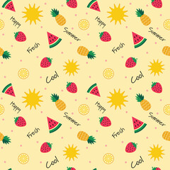 summer fruit seamless pattern. Colorful summer seamless pattern with tropical fruits, ice cream, leaves, Toucan, Flamingo, Flowers, and summer icons Memphis style. Summer seamless vector illustration.
