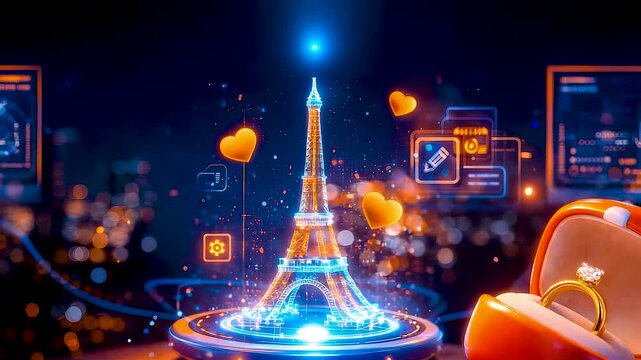 Paris Eiffel Tower Hologram with Neon Ecommerce Interface Showing Digital Commerce, Social Engagement, Payments and Global Technology Growth