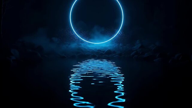 A mesmerizing and tranquil abstract scene unfolds with a vibrant blue neon ring suspended majestically above a dark, reflective water surface. The luminous geometric shape casts an ethereal glow, crea