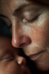 Mother's face close to a baby, sharing an intimate moment of love and connection