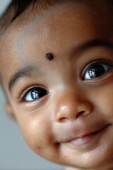 Smiling indian baby's face showing innocence with big dark eyes and a bindi