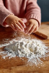 Baby hands sifting white flour, enjoying messy play and early baking experience