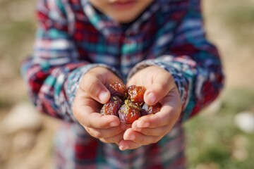 Young child's hands holding a handful of sweet dates, sharing food outdoors