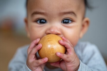 Cute infant exploring a wooden ball with tiny hands and mouth