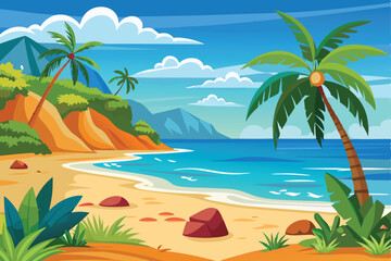Tropical Beach Landscape with Palm Trees, Coastal Cliffs, and Blue Ocean Illustration